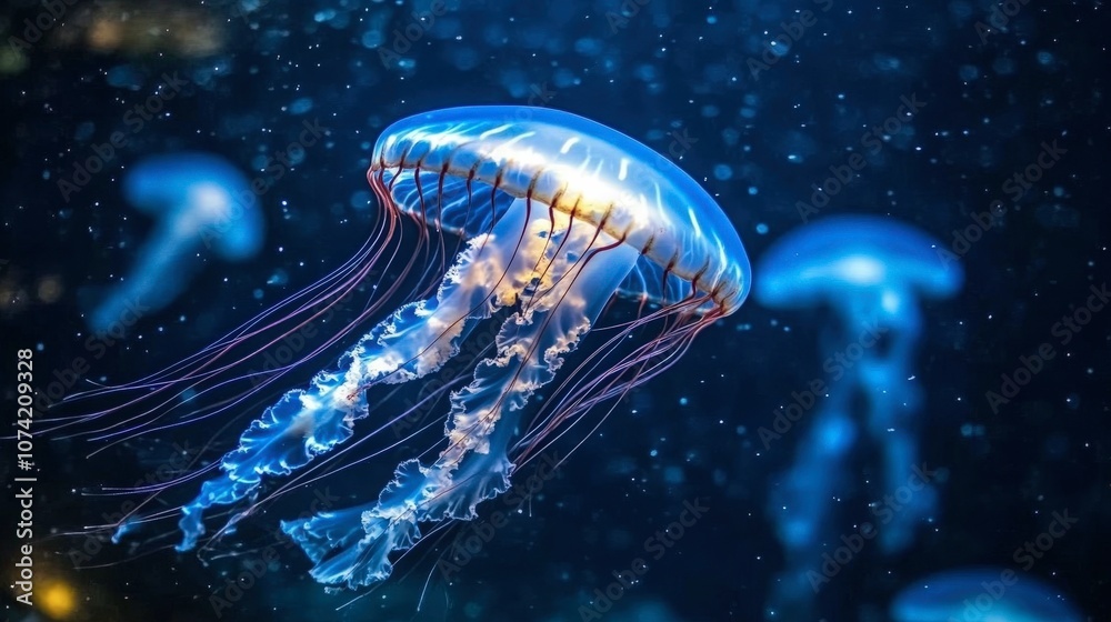 Ethereal Jellyfish Gliding Gracefully Through a Deep Blue Ocean, Illuminated by Soft Light in a Stunning Underwater Wonderland Ethereal Jellyfish Gliding Gracefully Through a Deep Blue Ocean, Illuminated by Soft Light in a Stunning Underwater Wonderland
