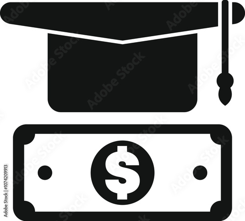 Graduation cap over dollar bill representing the concept of education costs, student loans, and investment in knowledge