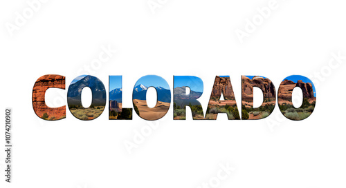 Word and letters Colorado written with Rocky Mountains, Great Sand Dunes, and red rock formations. photo, isolated on transparent background