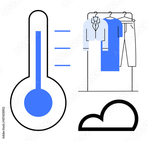 Clothes on hangers drying on a rack next to a thermometer and cloud icon. Ideal for weather, laundry, drying process, home chores, temperature effects, outdoor activities, climate impact. Line