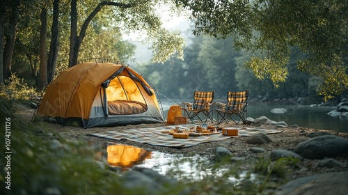 Cozy camping setup by a river with a tent and picnic area.