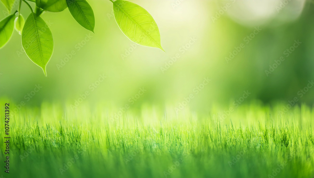 Obraz premium Close up of nature view green grass leaf on blurred greenery background under sunlight with bokeh and copy space using as background natural plants landscape, ecology cover concept.
