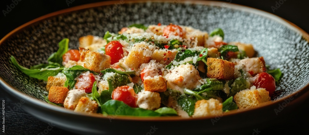 Close-up of a Caesar salad with croutons, cherry tomatoes, and parmesan cheese.