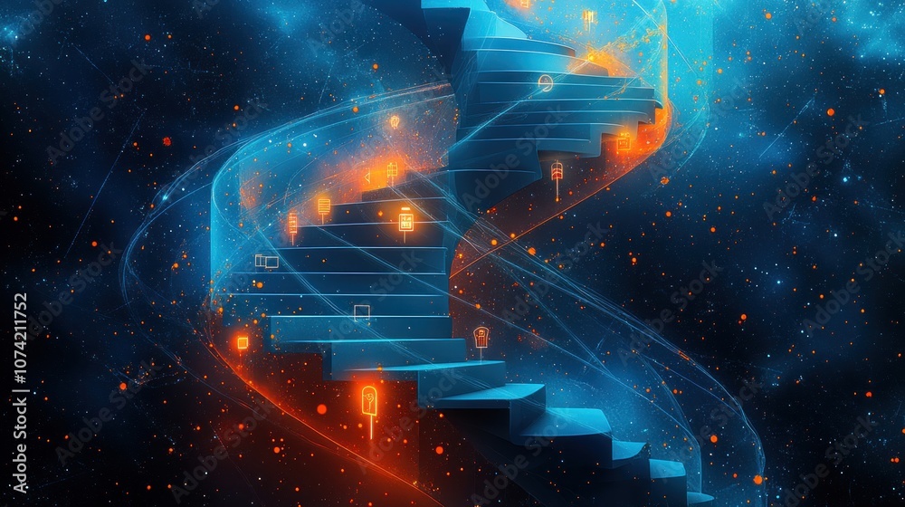 A swirling staircase in space, symbolizing growth and exploration.