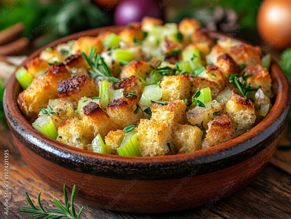 Golden Bread Stuffing in Rustic Dish for National Stuffing Day, Thanksgiving, and Christmas Golden Bread Stuffing in Rustic Dish for National Stuffing Day, Thanksgiving, and Christmas