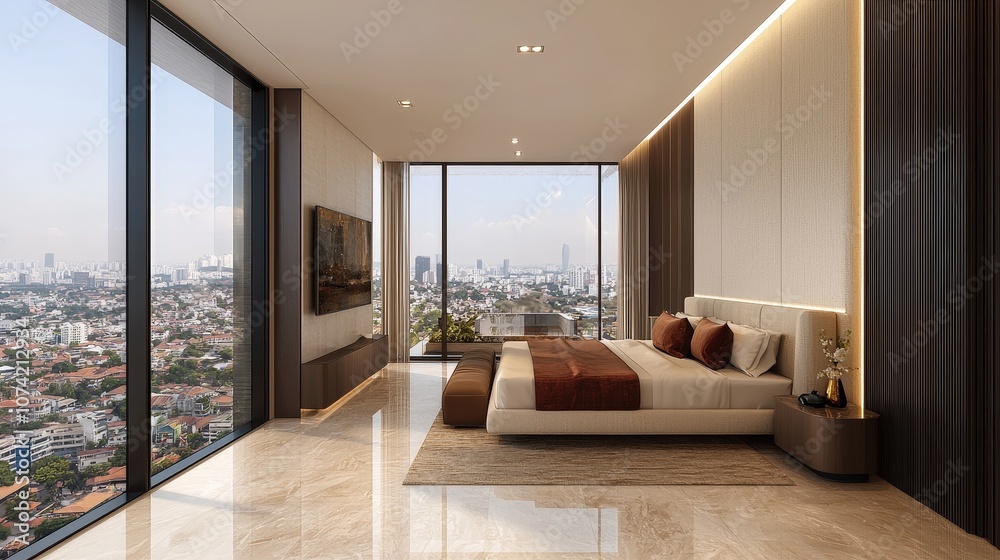 Fototapeta premium Modern Luxury Bedroom Interior Design with City View and Large Bed