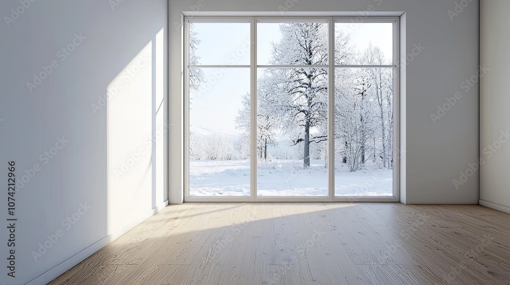 Empty room modern interior design, a minimalist-style living room with a wooden floor and white wall mock-up background, a window with a winter view. Modern home decor concept Empty room modern interior design, a minimalist-style living room with a wooden floor and white wall mock-up background, a window with a winter view. Modern home decor concept