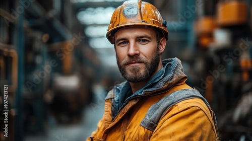 A confident worker in safety gear poses in an industrial setting.