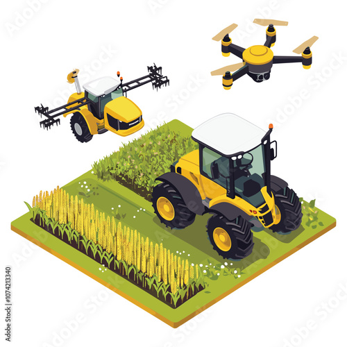 Isometric Farming Scene with Tractor and Drone in Agricultural Field