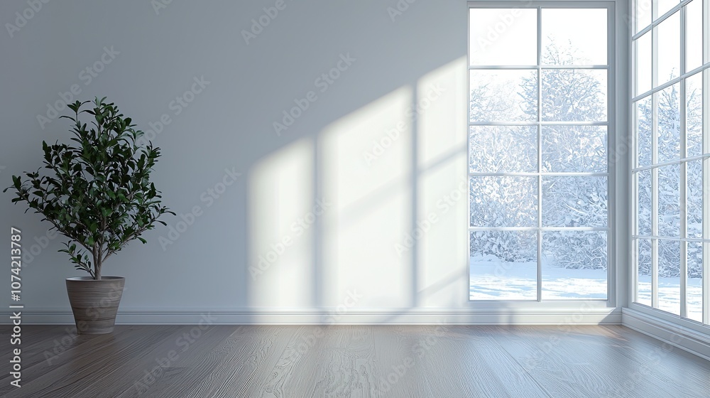 Empty room modern interior design, a minimalist-style living room with a wooden floor and white wall mock-up background, a window with a winter view. Modern home decor concept Empty room modern interior design, a minimalist-style living room with a wooden floor and white wall mock-up background, a window with a winter view. Modern home decor concept