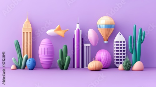 Colorful 3D Cityscape Hot Air Balloon Cactus Skyscrapers Travel