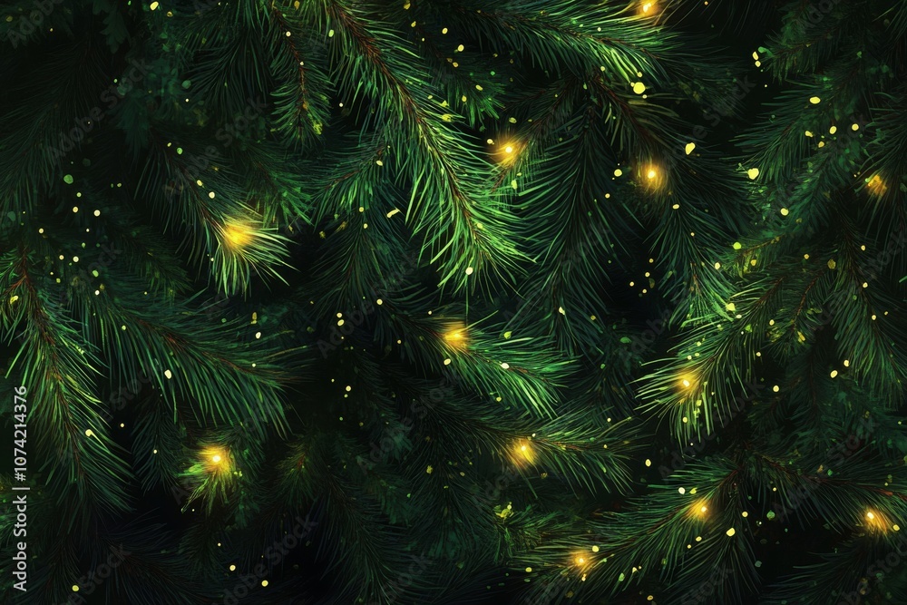 Fototapeta premium Close-up of a Christmas tree with lights, green pine branches, high resolution