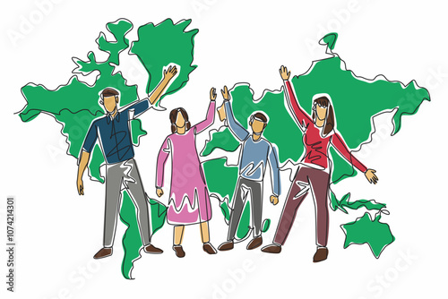 One continuous line drawing of cheerful family, mom, dad, son, daughter standing happily and rising their hands. Big world map on the wall behind. Global Family Day. International annual event