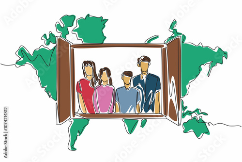 Single continuous line drawing of young happy family inside the open window with world map as a background. Global Family Day. Annual event to celebrate. Poster, banner, flyer, greeting card design