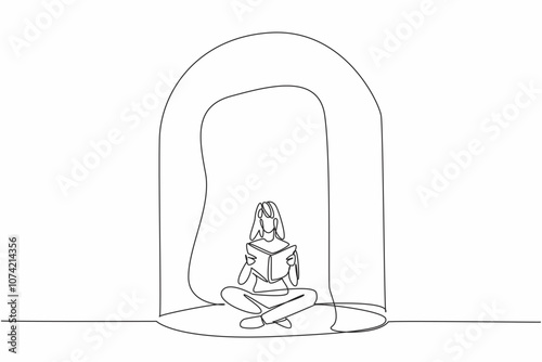 One single line drawing of young solitude woman siting on the floor while reading history book inside glass dome. Happy being lonely. Psychological character. World Introvert Day. Event celebration