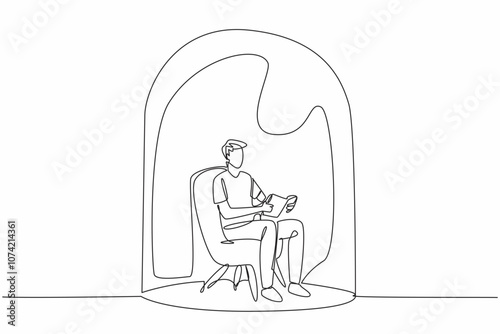 World Introvert Day. Continuous single line draw of young lonely man reading book while sitting on sofa chair inside glass dome. Loneliness guy looking for peace. Psychological problems, mental health