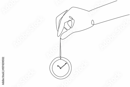 Single one line drawing of hand holding old vintage pocket watch with long chain. Antique clock. World hypnotism day. International event. Celebrate every year. Continuous line vector illustration