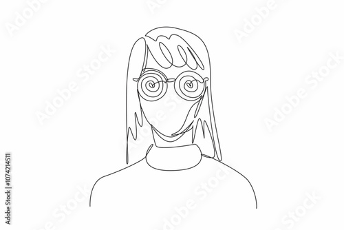 Single continuous line drawing of young beauty woman wearing fancy hypnotizing glasses. World Hypnotism Day. Method to solve problems, help in ending addiction, overcome fear, achieve goal