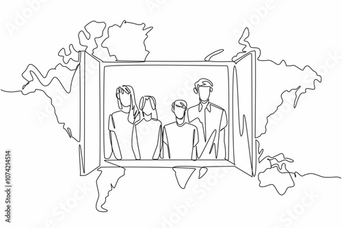 Single continuous line drawing of young happy family inside the open window with world map as a background. Global Family Day. Annual event to celebrate. Poster, banner, flyer, greeting card design