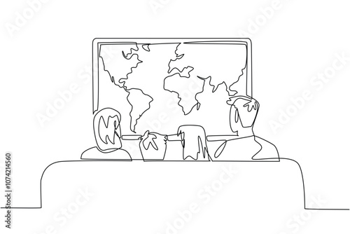 Happy Global Family Day. Annual celebration. One line drawing of mom, dad, son and daughter sitting of comfortable sofa and watching cable television with world map program inside the big screen