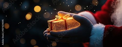 Closeup of Santa Clauss gloved hands carefully wrapping a magical glowing gift, Christmas, enchanting and detailed image photo