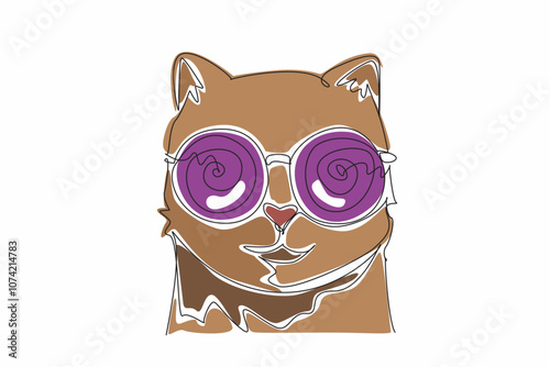 One continuous line drawing of cute cat wearing hypnotism glasses. Adorable feline pet trying to hypnotizing people. World hypnotism day. World annual event, celebrating. Single line draw vector art