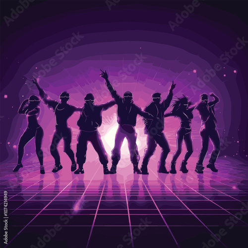 Group of Silhouettes Dancing Together with Purple Neon Lights