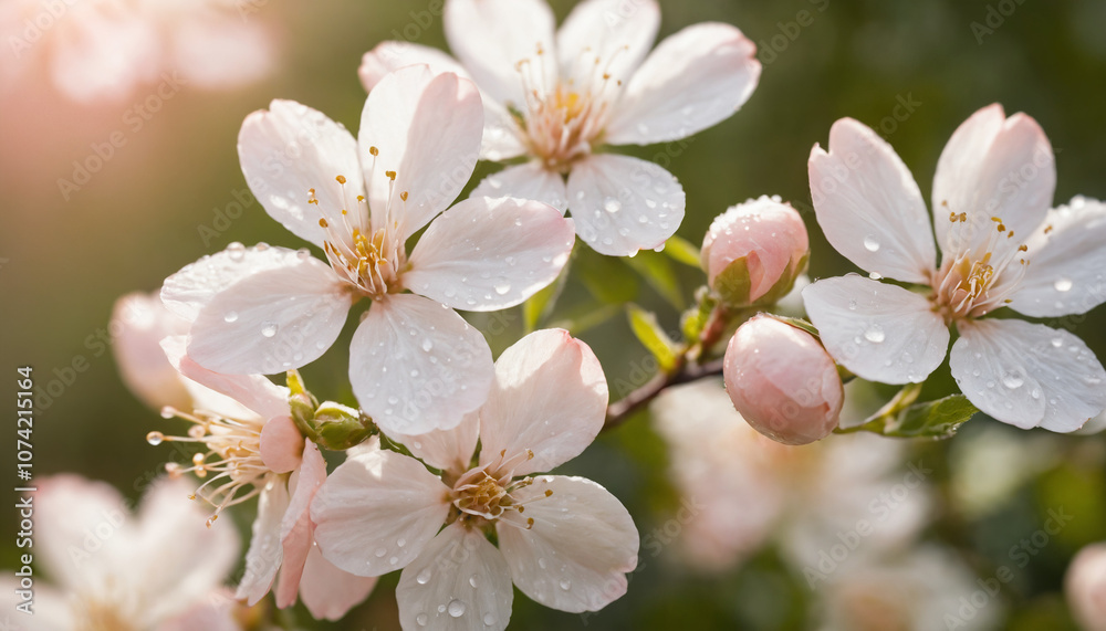 Springtime Sakura Branch with Fresh Blooms and Water Droplets