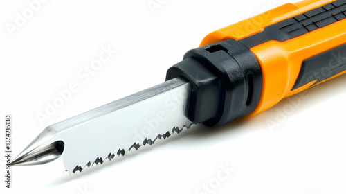 Close-up of a serrated blade on a multi-tool with orange and black handle.