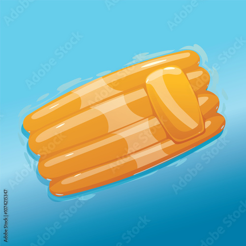 An orange, inflatable pool raft, or float, rests on the surface of a light-blue pool or body of water. 