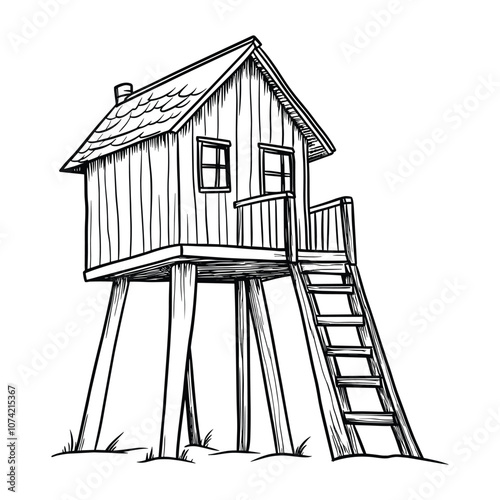 Sketch of Elevated Wooden House on Stilts