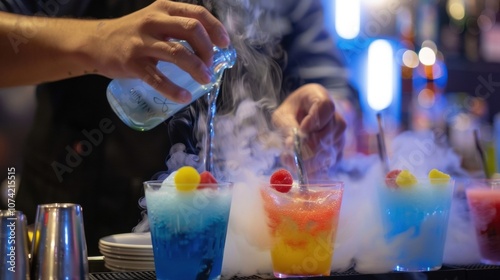 A mocktail competition takes place with guests creating their own drinks using ingredients like dry ice and gummy worms. photo