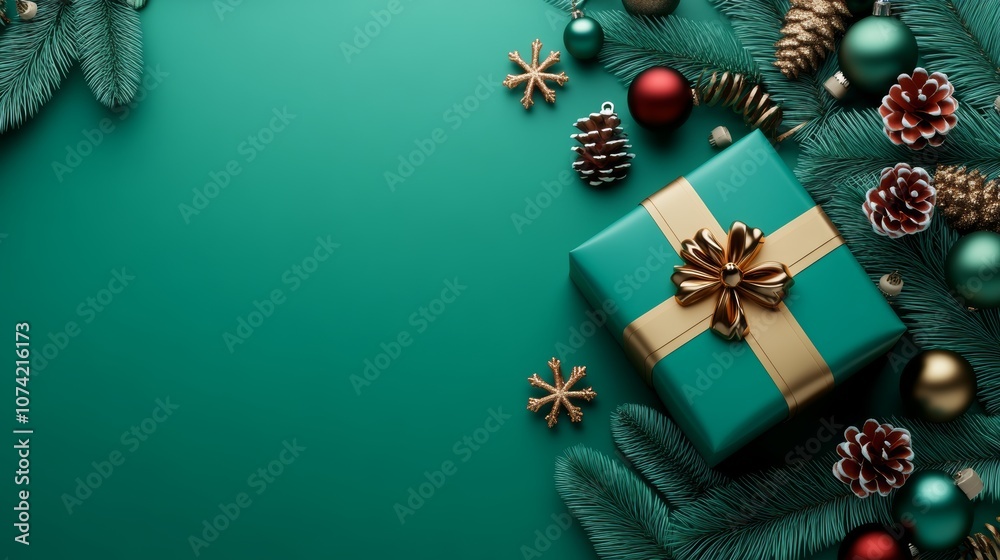 Teal Christmas Gift Box Gold Bow Green Branches Festive Decorations Teal Christmas Gift Box Gold Bow Green Branches Festive Decorations