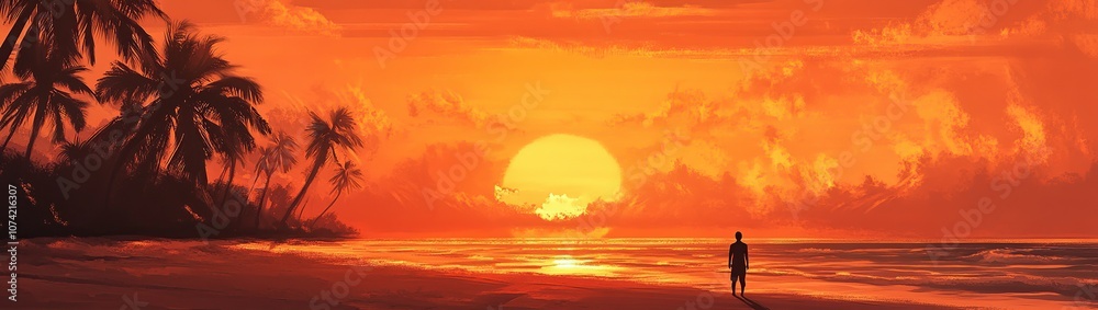 Fototapeta premium A lone figure stands on a beach as the sun sets over the ocean.
