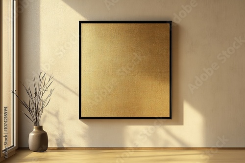 Minimalist interior with a golden framed canvas hanging on a beige wall, featuring a vase with dry branches and sunlight streaming through the window.