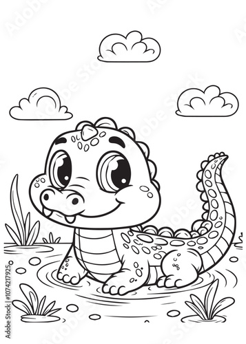 Children coloring page cute crocodile in nature