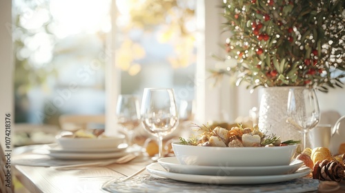 Festive Table Setting with Food and Decor.