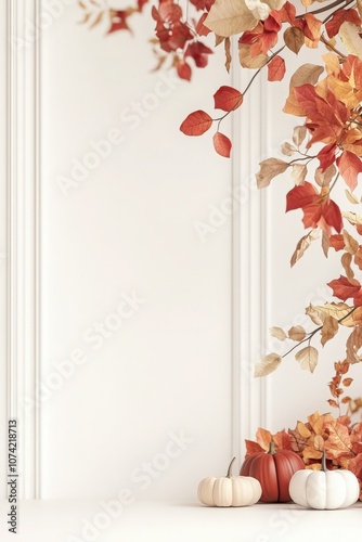 Autumn Leaves and Pumpkins on a White Background.