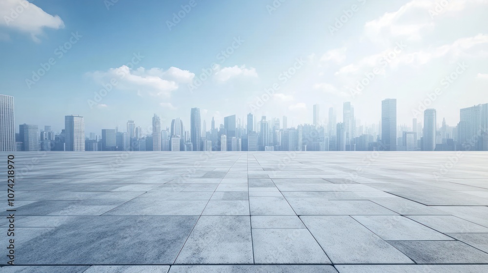 Illustration of Empty floor and city skyline with modern buildings. Ai generated image Illustration of Empty floor and city skyline with modern buildings. Ai generated image