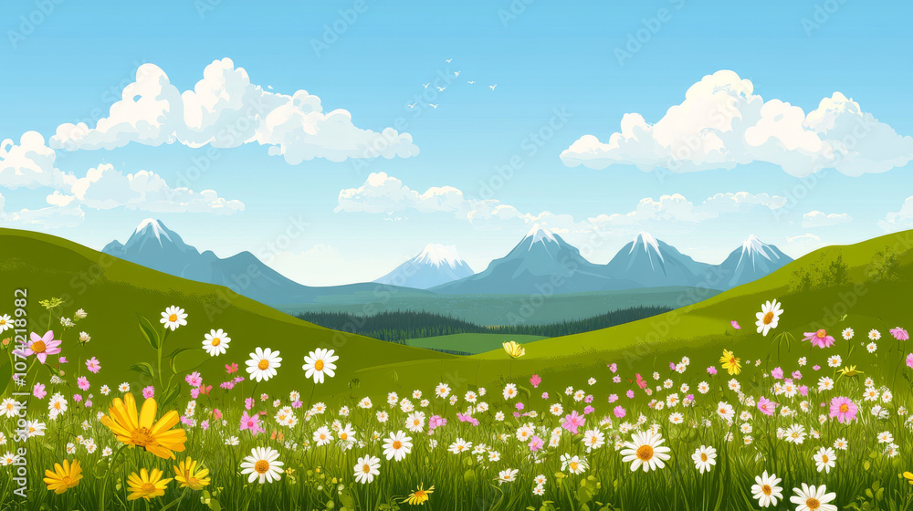 Fototapeta premium picturesque countryside landscape with blooming flowers, green hills, and majestic mountains under clear blue sky. scene evokes tranquility and natural beauty