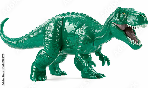 Green plastic toy dinosaur with open mouth.