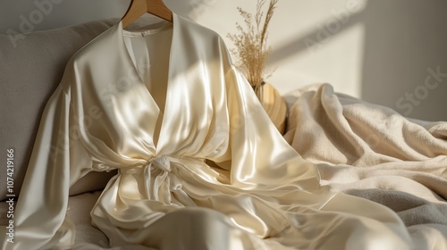 A silk slip dress and robe set in champagne tones, perfect for a soft, elegant look in both lounge and sleepwear