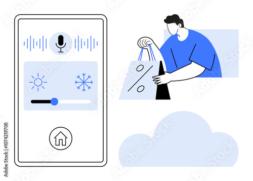 Smartphone interface with voice control and temperature adjustment icons next to a person holding shopping bags. Ideal for technology, smart home, e-commerce, retail, user interaction, consumer