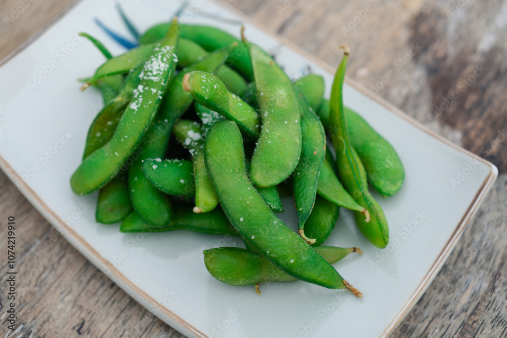 Organic boiled green Edamame beans with sea salt Organic boiled green Edamame beans with sea salt