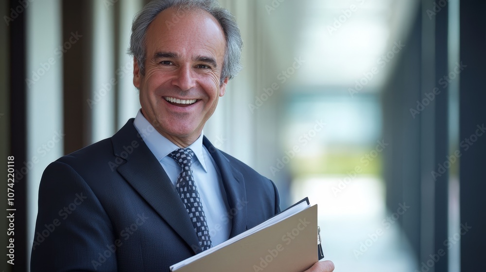 A smiling businessman in formal wear stands holding a file at work. A smiling businessman in formal wear stands holding a file at work.