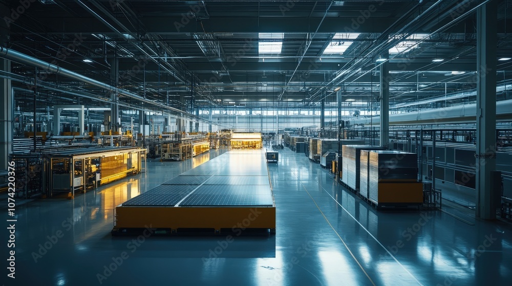 A solar panel production facility where raw materials are turned into finished panels, A solar panel production facility where raw materials are turned into finished panels,