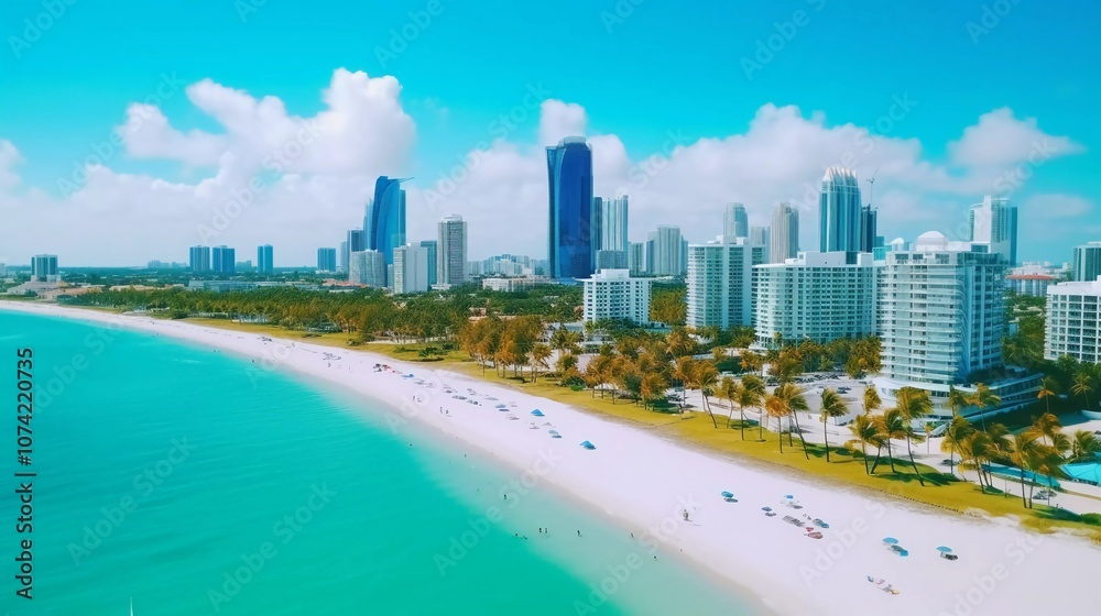 Naklejka premium Aerial view of a vibrant beach with skyscrapers and clear blue water under a sunny sky.