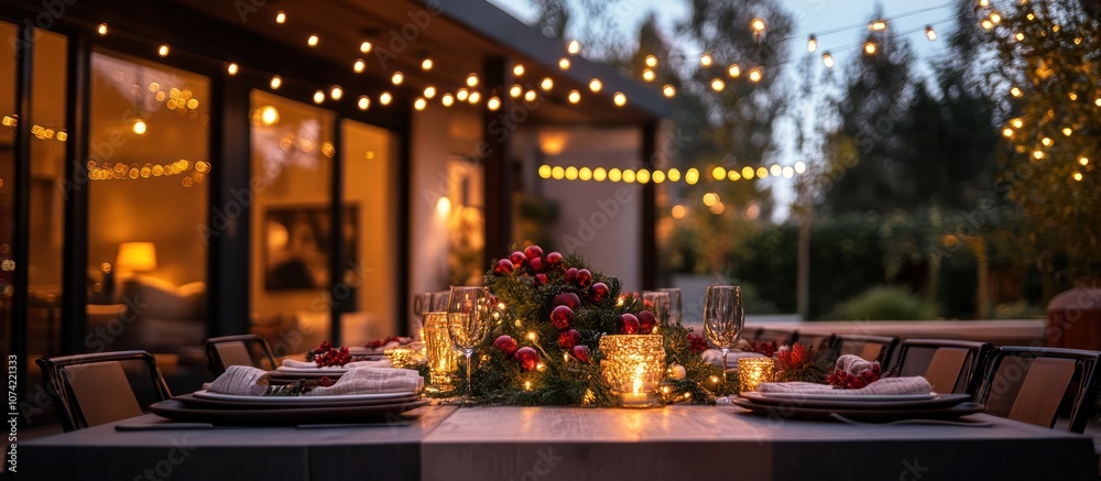 A beautifully set outdoor dining table with a Christmas centerpiece and string lights. A beautifully set outdoor dining table with a Christmas centerpiece and string lights.