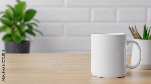 Realistic Mockup of a Blank White Coffee Mug on a Wooden Table with Decorative Plants in Background for Presentation and Responsive Design Projects