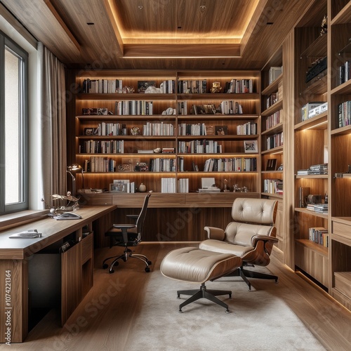 Modern Home Office with Walnut Bookshelves and Leather Chair